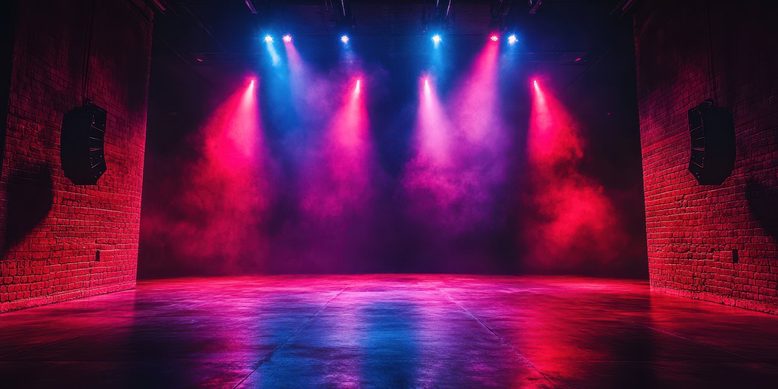 Illuminated performance stage with vibrant lights and smoky atmosphere in an empty venue